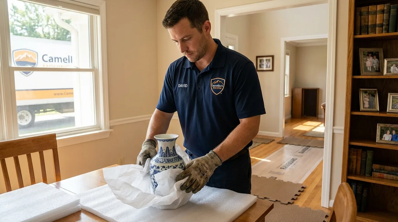 Professional crew carefully wrapping antique vase for senior downsizing move in Oviedo, FL
